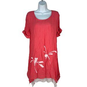 Creation Womens Red Floral Tunic Top Medium Scoop Neck Short Sleeve High-Low Hem